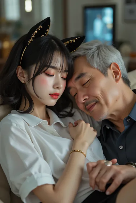 ((room with TV))、perfect masterpiece、beautiful dark-haired young woman、white skin、Pretty Face and Perfect Asymmetrical Body、(old gentleman touching with black velvet gloves)、Uniform - White Shirt with Black Miniskirt - Cat Ears。masterpiece、High Quality、Ove...