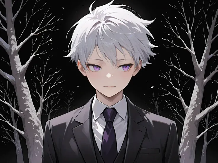 Very Detailed,(masterpiece)、( and above in Hellfire)、 1. Very Detailed顔を保ちます , youth, Silver Hair,Purple Eyes,cute,Suit,very short hair,tree-like,Babyface,delicate hair to the side,black background,front