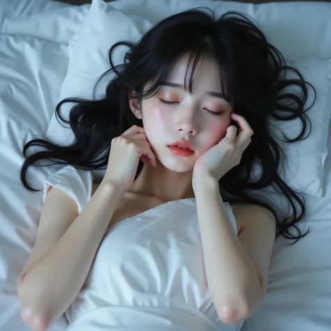 ((girl lying on a bed with her eyes closed)),(In a dream, meditative), full moon((霧の中に full moon)),top quality、masterpiece、high sensitivity、High Resolution、depict even the smallest details、slender woman、full body photo、(one-shoulder white dress、mini skirt ...