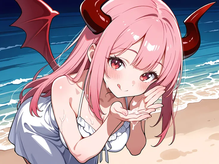 Very Detailed,(masterpiece)、( and above in Hellfire)、 1.   Very Detailed顔を保ちます , long hair , pink hair,  big boobs,by belon  ,8k ,straight hair,straight hair,straight hair,standing,Red Devil's Horns,nsfw,expand your hands,Red Devil's Wings,night,smile ,sis...