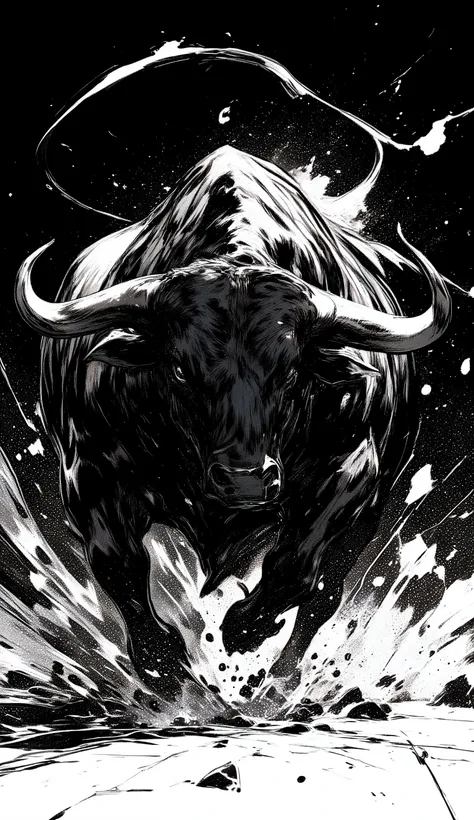 black、black、black、blackい背景、力強く勢いのあるblackい線画、blackの濃淡で表現する、rough bullfighting、whole、high detail、cross hatching、High Quality、high image quality、Osmudging Outline、流れるblack、masterpiece