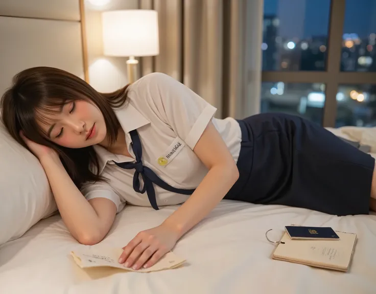 (photorealistic, ultra-detailed, cinematic hotel room lighting, Flux model optimized)
Nighttime scene in a cozy modern hotel room.
A young female flight attendant is lying sideways on a neatly made white hotel bed, as if sleeping during her layover.
She ha...