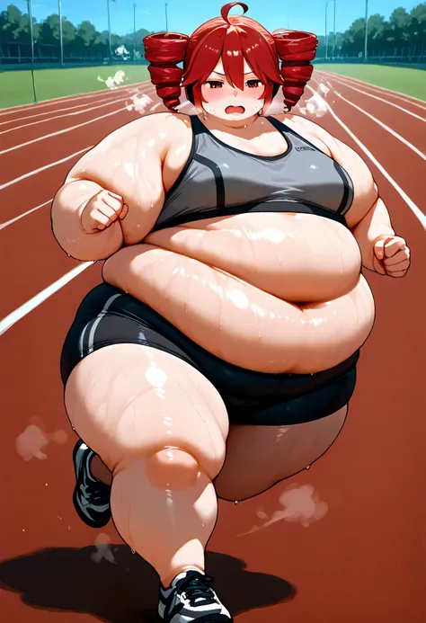 deep bass teto,girl,alone。 twin drill, red hair, fat, chubby, obese, gigantic arms and legs, medium breasts, gray sports bra, black yoga shorts, running pose, running, track field, sweaty, tired expression, out of breath, open mouth, running shoes 