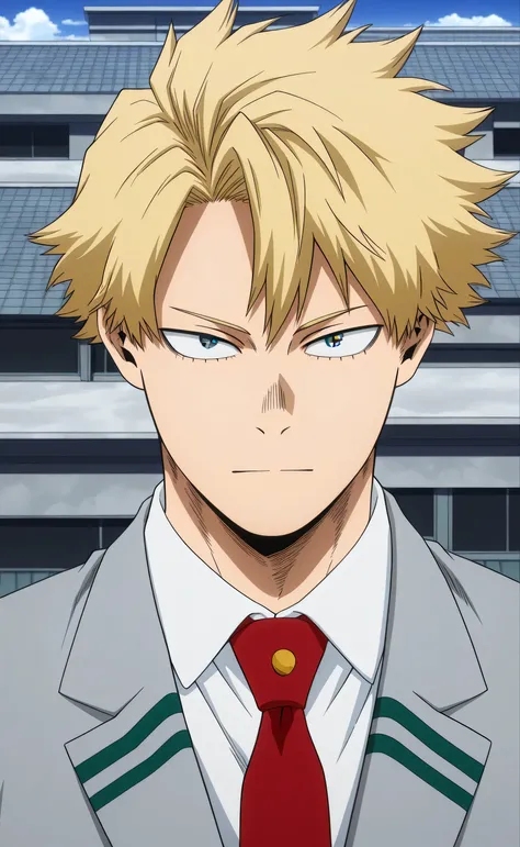 1male, solo, blond hair, short hair, comma hair, grey eyes, students, grey blazer, white shirt, red necktie, muscle, portraits, school, rooftop, japan, Boku no Hero Academia Anime Style