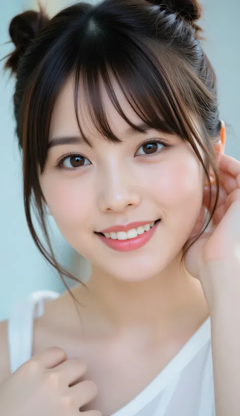 ultra detailed,8k, high resolution, beautiful detailed, high contrast, sharp focus, 50mm, f3,5,
best quality, super hyper realism, realistic, photorealism,(realistic skin:1.2), smile,Bun Hair, japanese solo girl, no makeup, straight-on cinematic por...