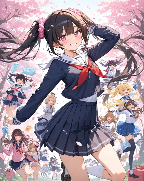 Bustling spring morning in a quaint Japanese suburban neighborhood, 16-year-old bubbly high school girl radiating infectious energy and youthful exuberance, her heart-shaped face glowing with a wide-open grin revealing perfect white teeth and subtle dimple...