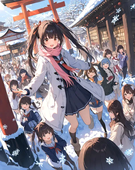 Dynamic anime-style crowd scene: Energetic 16yo girl in center with joyful smile, dimples, twin ponytails, navy sailor uniform & scarf, jogging amid swirling snowflakes. Surrounded by dozens of lively high school girls in winter coats chatting/laughing, di...