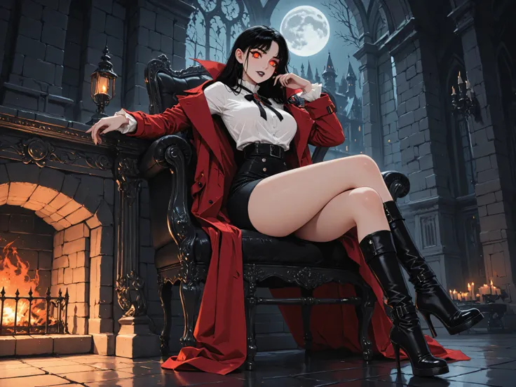 score_9, score_8_up, score_7_up, score_6_up, score_5_up, score_4_up, black and white 19th century photograph style, of a female vampire in the night sitting near the fireplace in snowy night , a goth beauty, exquisite beautiful female vampire, best detaile...