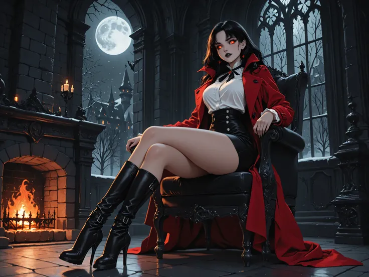 aidmaMJ6.1, black and white 19th century photograph style, of a female vampire in the night sitting near the fireplace in snowy night , a goth beauty, exquisite beautiful female vampire, best detailed face, red glowing eyes, full body, busty, wearing white...