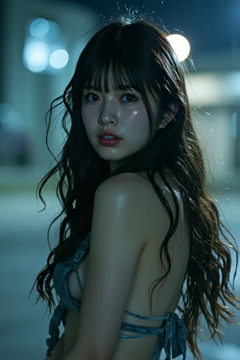 (((Midnight Moon Desert:2.0))),(((HR Gigger style cyberpunk atmosphere:2.0))),((((Meteor Shower:2.0)))),(((Side view from back:2.0))),(((look back and look at the camera:2.0))),((and look back over your shoulder:2.0)),one woman,(cute face:2.0),(Beautiful w...