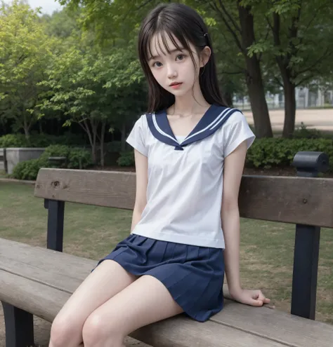 20 years old,cute girl playing with snow,かわいいyounger女の子,slender,Skinny,short,skinny,slender body,Low body weight,younger,cute hairpins,sailor suit cosplay,navy blue skirt,realistic,Seated on a Park Bench,small breasts,japanese, thin shoulders,black tights,...