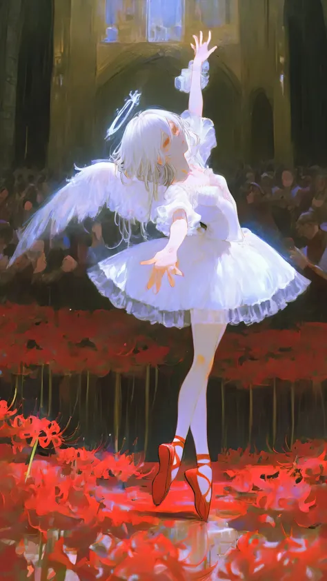 A girl in big red shoes is dancing ballet Boy Holds with Both Hands Sad Atmosphere zoom out church light shining in Thinning medieval Europe Immersive Perspective high quality detailed shadows Conspicuous Red Shoes Detailed and realistic light white clo...