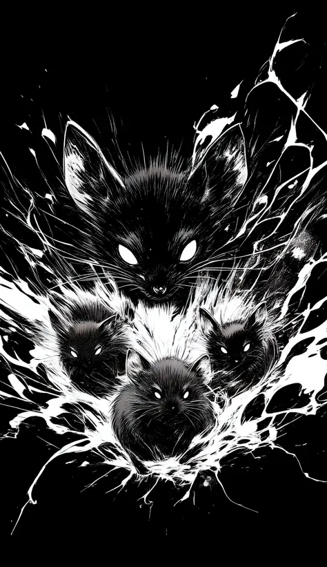 black、black、black、blackい背景、力強く勢いのあるblackい線画、blackの濃淡で表現する、A few mice staring at me、whole、high detail、cross hatching、High Quality、high image quality、Osmudging Outline、流れるblack、masterpiece