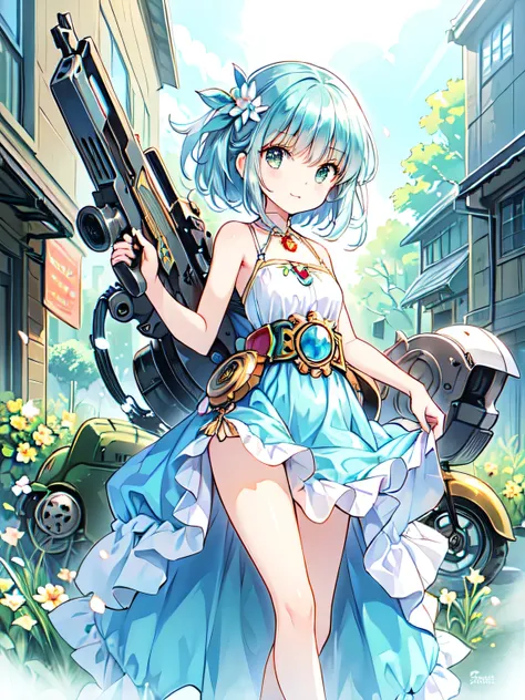 (metallic accessory), (light blue)(ethnic dress)embroidery, (mechanical artifact)gears, (bulky leg wear), narrow constricted waist, small hips, Dark Eyes, green eyes, slender legs spread, mythical architecture