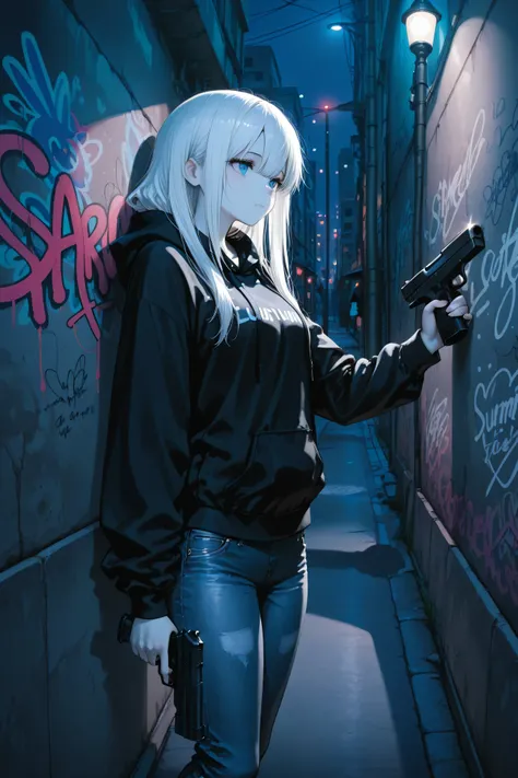 masterpiece, best quality, photography, ultra high resolution, faded color, an anime girl, cute face, slender body, pale skin, handgun, gun aimed, (Hold the gun with one hand), blue eyes, absolutely white hair, long hair, straight hair, black hoodie, long ...