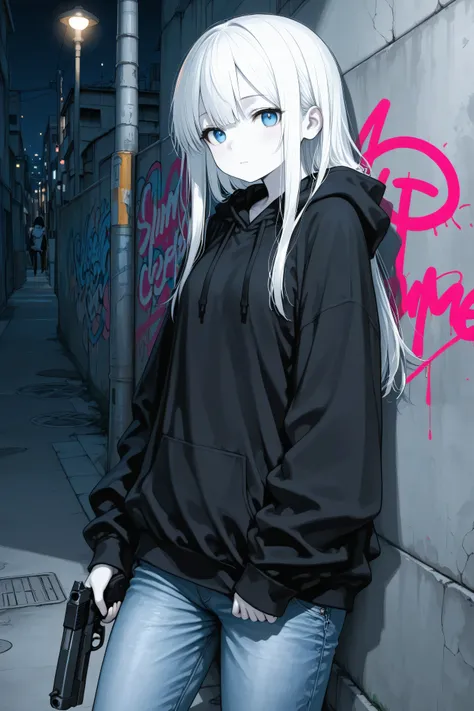 masterpiece, best quality, photography, ultra high resolution, faded color, an anime girl, cute face, slender body, pale skin, handgun, gun aimed, (Hold the gun with one hand), blue eyes, absolutely white hair, long hair, straight hair, black hoodie, long ...