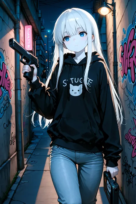 masterpiece, best quality, photography, ultra high resolution, faded color, an anime girl, cute face, slender body, pale skin, handgun, gun aimed, (Hold the gun with one hand), blue eyes, absolutely white hair, long hair, straight hair, black hoodie, long ...
