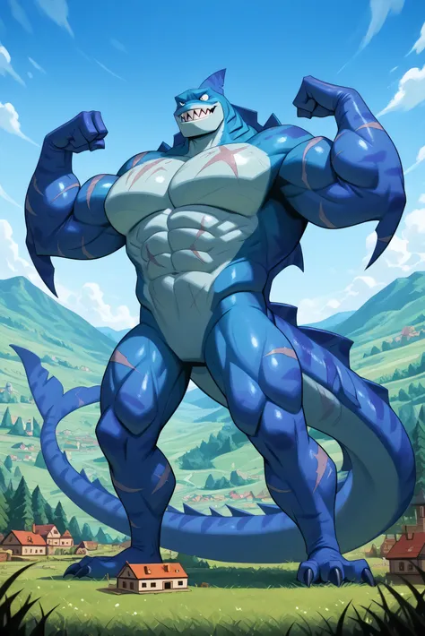 score_9, score_8_up, score_7_up, score_6_up, score_5_up, score_4_up, source_furry,  tentacularrumble, a giant shark monster, sharp teeth, gigantic chin, gigantic muscular body, abs, light blue skin, scars on his eyes and his body, ginomous biceps, enormous...