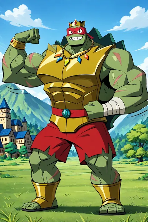 A giant muscular ninja turtle barbarian raphael, golden armor, bigger golden bracelets with colorful jewels, golden necklaces with colorful jewels, golden shoulder pads, golden crown with colorful jewels, golden boots, looking at viewer, flexing his powerf...