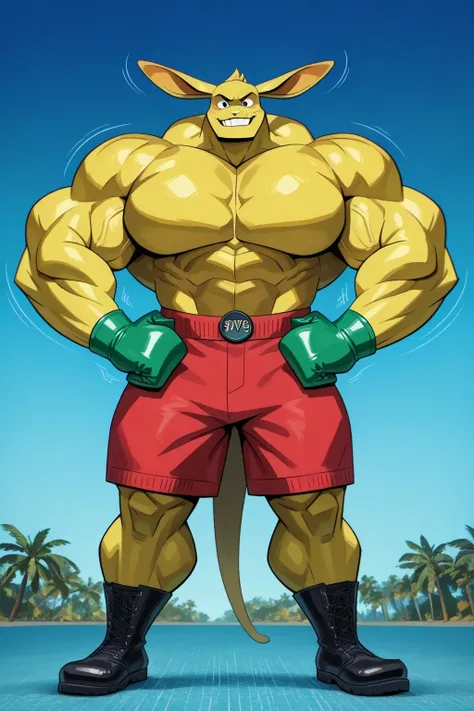 a giant muscles boxing kangaroo, yellow skin, green boxing gloves, red shorts, bigger cartoon eyes, big ears, big feets, black boots, muscular body, full body, macro size, giant size, 50-foot size, 100-feet tall, hypercartoon, 4K, 8K, 24K, intricate detail...