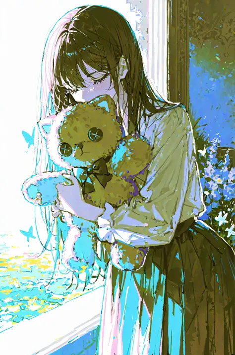 top quality,masterpiece,absurd,Newest,(The rich structure of the story:1.3),
1girl,skirt,Cowboy Shot,long hair, Light Simple ,((Cat holding a stuffed bear with cotton popping out of it)),浮遊するflower,wet clothes,,flower,butterfly,((water,caustics,blue theme...