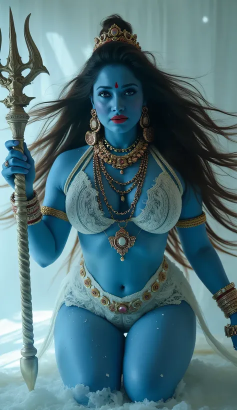 A hindu milf, goddess,hindu goddess,ma kali, angry ma kali,blue skin tone, giving blessing to viewers,,as mata paarvati, holding trishul,goddess attire, her brest size is 32, white lacy bikini, red high heels, red glossy lipstick,formalin powder on her hea...