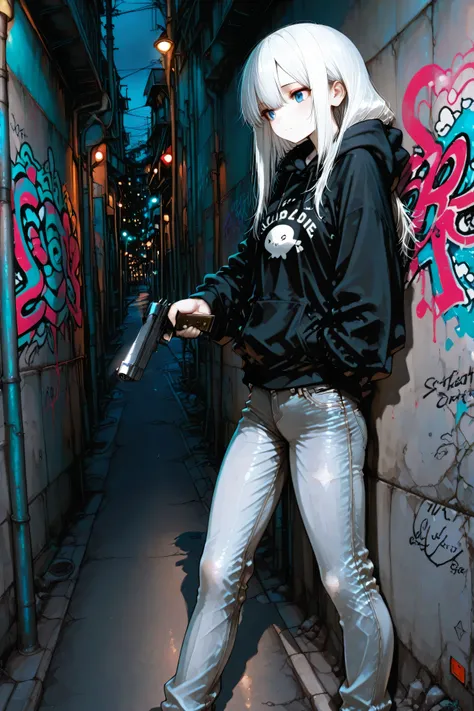 masterpiece, best quality, photography, ultra high resolution, faded color, an anime girl, cute face, slender body, clear skin, handgun, gun aimed, (Hold the gun with one hand), blue eyes, absolutely white hair, long hair, straight hair, black hoodie, long...