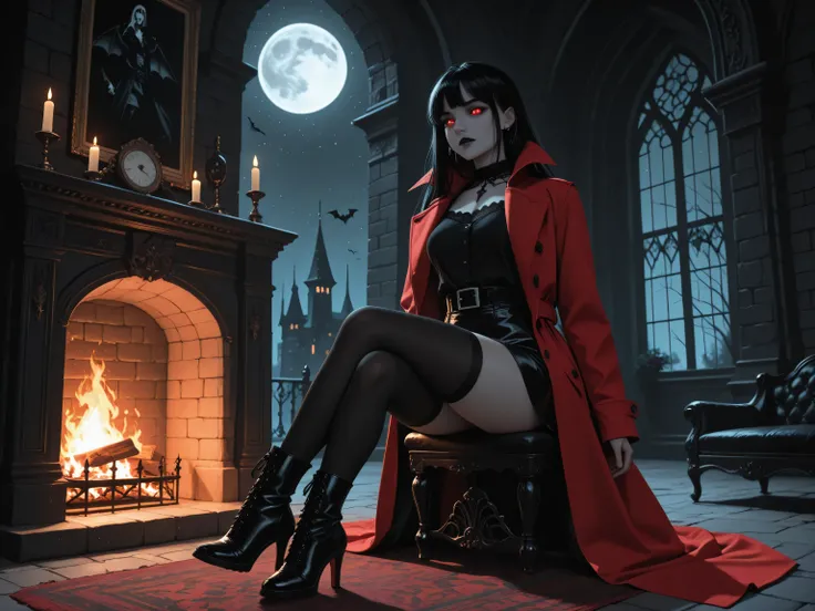 aidmaMJ6.1,masterpiece, best quality, very aesthetic, absurdres,x3rno1a,, black and white 19th century photograph style, of a female vampire in the night sitting near the fireplace in snowy night , a goth beauty, exquisite beautiful female vampire, best de...