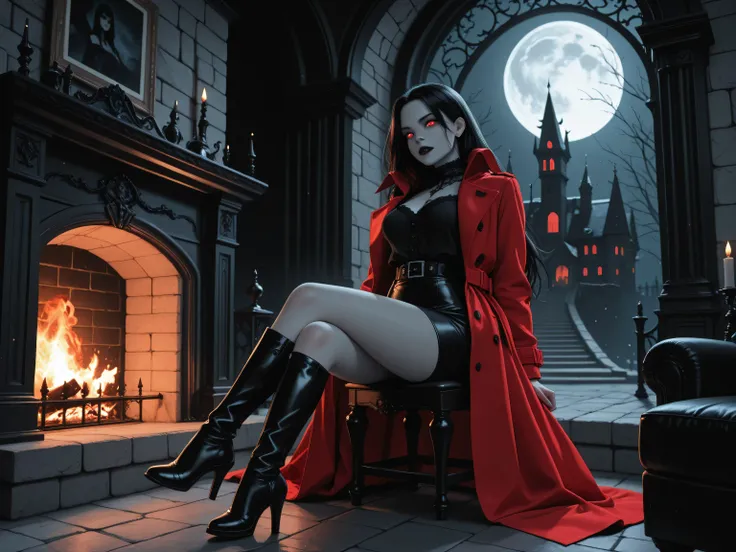 aidmaMJ6.1,masterpiece, best quality, very aesthetic, absurdres,x3rno1a,, black and white 19th century photograph style, of a female vampire in the night sitting near the fireplace in snowy night , a goth beauty, exquisite beautiful female vampire, best de...