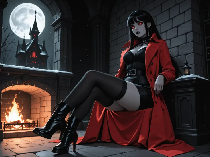 aidmaMJ6.1,masterpiece, best quality, very aesthetic, absurdres,x3rno1a,, black and white 19th century photograph style, of a female vampire in the night sitting near the fireplace in snowy night , a goth beauty, exquisite beautiful female vampire, best de...