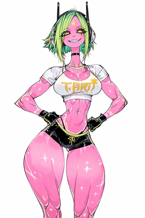 an alien girl, attractive, black sclera, fluorescent green hair, pink skin, big innocent smile, sexy tummy, wide hips, masterpiece, best quality, amazing quality, headphones, sexy front view, thigh gap, yellow iris, midriff, legs apart, sexiest body, sexy ...