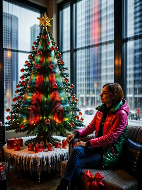 created from thick hand blown colored glass a christmas tree with green and red illuminated strands of light inside, the tree has a golden star at the top, the tree is surrounded by adults all wearing thick heavy puffy winter jackets including a woman that...