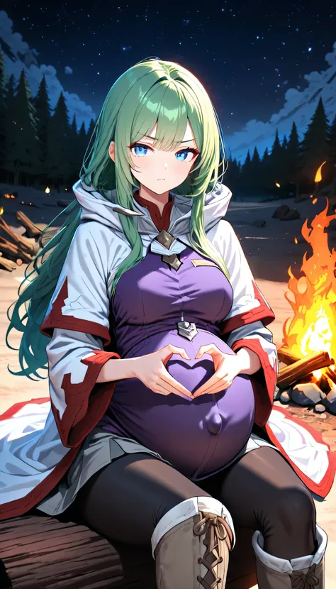 High Resolution, Best Quality, Super Detailed, Masterpiece, 4K, forest campfire, night, 1girl, green hair, long hair, unadorned hair, blue eyes, medium breasts, pregnant, large round heavy belly, tall body, white cloak with red trim, purple tunic, brown la...
