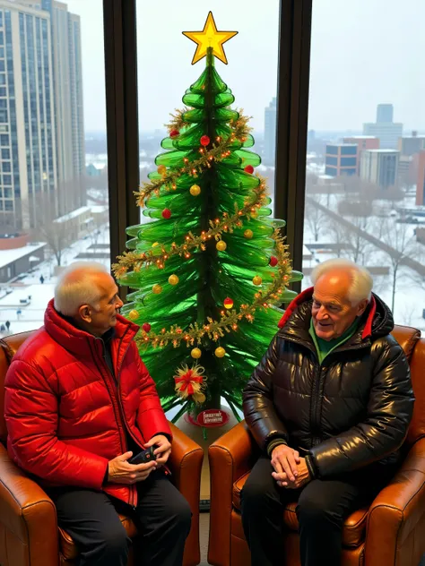 created from thick hand blown colored glass a christmas tree with green and red strands of light inside, the tree has a golden star at the top, the tree is surrounded by two elderly couples of multiple races all wearing thick heavy puffy winter jackets inc...