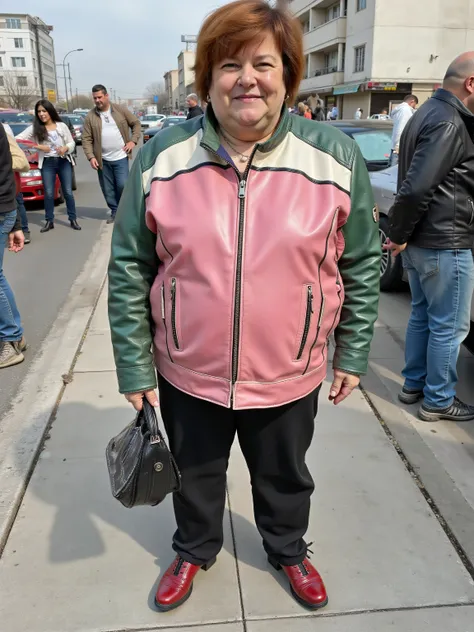 a photograph taken at the base of MiladTower, a woman wearing a pink leather jacket with green sleeves and a white stripe across the chest, the jacket is a 1970swornbluwhtcfrcrjkt and has extensive wrinkles from age, the woman is 72 years old, the woman is...