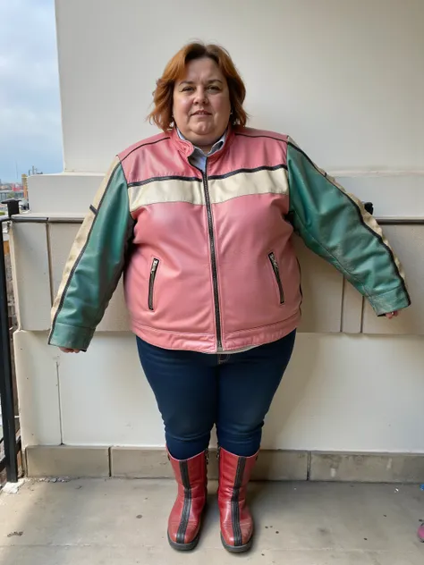 a photograph taken at the base of MiladTower, a woman wearing a pink leather jacket with green sleeves and a white stripe across the chest, the jacket is a 1970swornbluwhtcfrcrjkt and has extensive wrinkles from age, the woman is 72 years old, the woman is...
