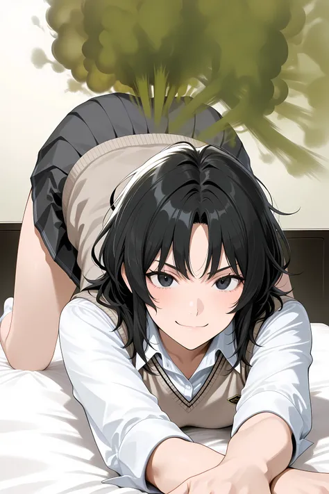 kaoru tanamachi, black eyes, black hair, messy hair,,kibito high school uniform, school uniform, sweater vest,, medium hair, 

,cat stretch, arched back, stretch, pose, stretching,,

 relaxed face, 
general, Solo, masterpiece, highres, ultra-detailed, hype...