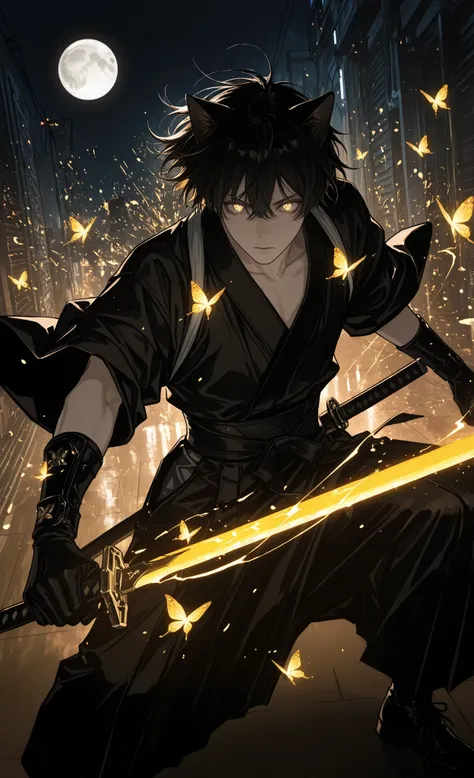 (masterpiece, top quality, over-detailed, absurd, clear focus: 1,4), detailed shadows, bright colors, (iwashi iwashi008:0.9),(luoman19921:1.1),(4b-enpitsu:0.8), (kagoya1219:0.6),
Tokyo Alley, Night, Full moon, cat ears, cat gloves,
1male, black hair, lumin...