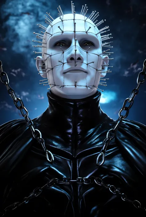 A close-up portrait of Pinhead emerging from swirling darkness, his face a perfect arrangement of gleaming pins driven into bloodless white flesh. His eyes hold ancient wisdom and terrible purpose as chains with hooks float around him like metallic tentacl...