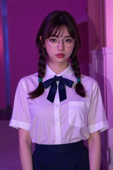 ( best masterpiece、 top quality、 winning works )、(1 high school girl:1.1)、(A petite girl with narrow shoulders:1.8)、(twin tail hair with long braids in a low position:1.8)、(big breasts:1.2)、(plain and thick-rimmed glasses:1.4)、(accentuates body line:1.2)、(...