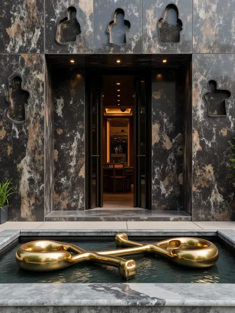 It is a wide angle image taken outside of a large library made of onyx with dark veins of grey marble, there are five silhouettes of men and women engraved into the wall of the library, there are polished brass sculptures representing infinity and courage ...