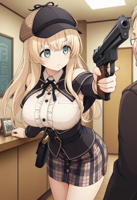 masterpiece, best quality, highres, scenery, newest, 1girl, official style, ren, blonde hair, green eyes, detective outfits, plaid skirt, black jackets, hats, practice gun, room, fully shoulders, normal breasts, cute face, pointing gun at old man,