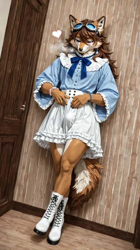 Elegants and Effeminate furry wolf , short frilled shirt, long hair, short skirt, looking at body, eyes down, long sleeves, hearts, bow, solo, comfortable, cunning smile, cunning male, stylish outfits,clothes details, clothes textures, brown hair, blue t...