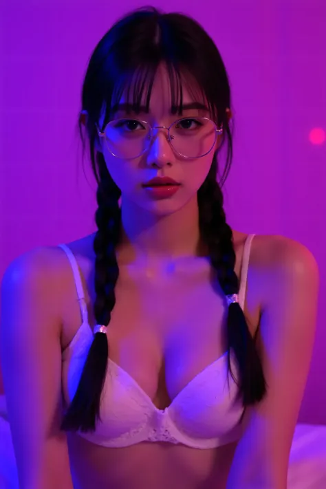 ( best masterpiece、 top quality、 winning works )、(1 high school girl:1.1)、(A petite girl with narrow shoulders:1.8)、(plain glasses with thick edges:1.5)、(long braid twin tail hair in a low position:1.8)、(Wear only a white lace bra:1.5)、(Bust up photo:1.1)、...