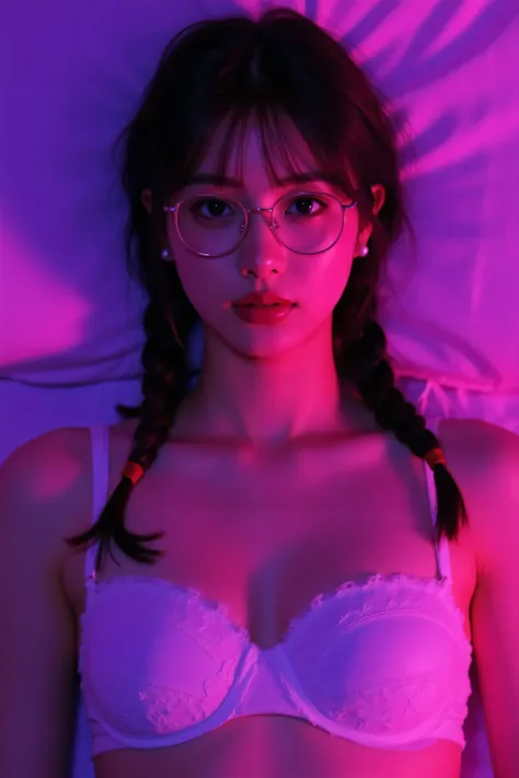 ( best masterpiece、 top quality、 winning works )、(1 high school girl:1.1)、(A petite girl with narrow shoulders:1.8)、(plain glasses with thick edges:1.5)、(twin tail hair with long braids in a low position:1.8)、(Wearing only a bra:1.5)、(Bust up photo:1.1)、pe...