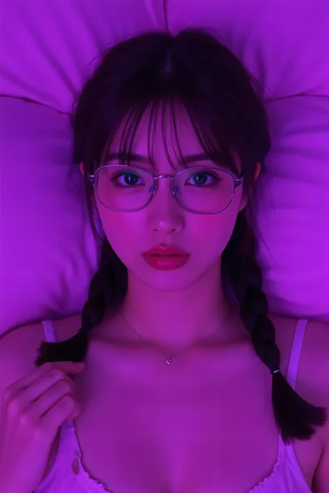 ( best masterpiece、 top quality、 winning works )、(1 high school girl:1.1)、(A petite girl with narrow shoulders:1.8)、(plain glasses with thick edges:1.5)、(twin tail hair with long braids in a low position:1.8)、(Wearing only a bra:1.5)、(Bust up photo:1.1)、pe...