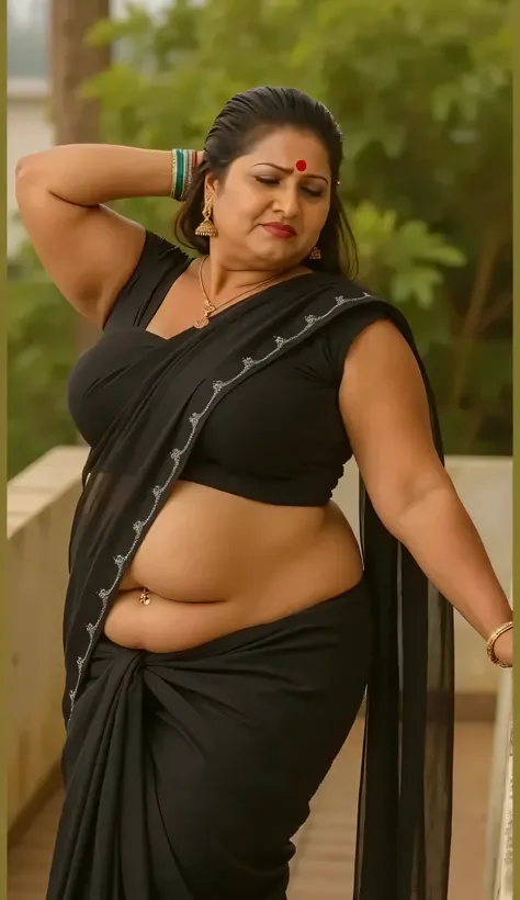 Sexy mature plus size Indian beautiful Bengali aunty picture, with dusky skin, wearing a mini skirt and strapless bra, showing her big cleavage, her navel is visible, red sindoor in her hair, shakha pola bangles in her hand, hair scattered, beautiful curve...