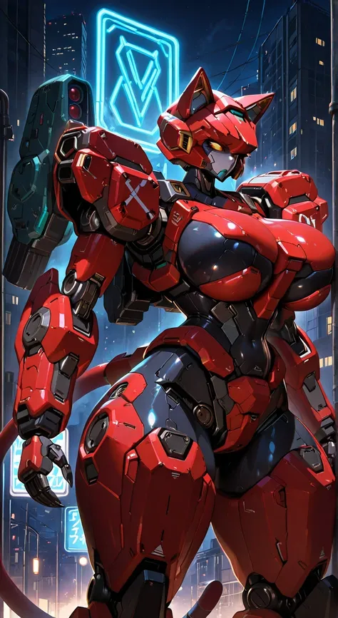solo, gundum mech , humanoid,  female mecha, ruined city, red and black color scheme, blue neon lights on mech body, night , huge breasts, huge thighs,portrait , cat ears, mechanical tail, masterpiece , HD , highly detailed