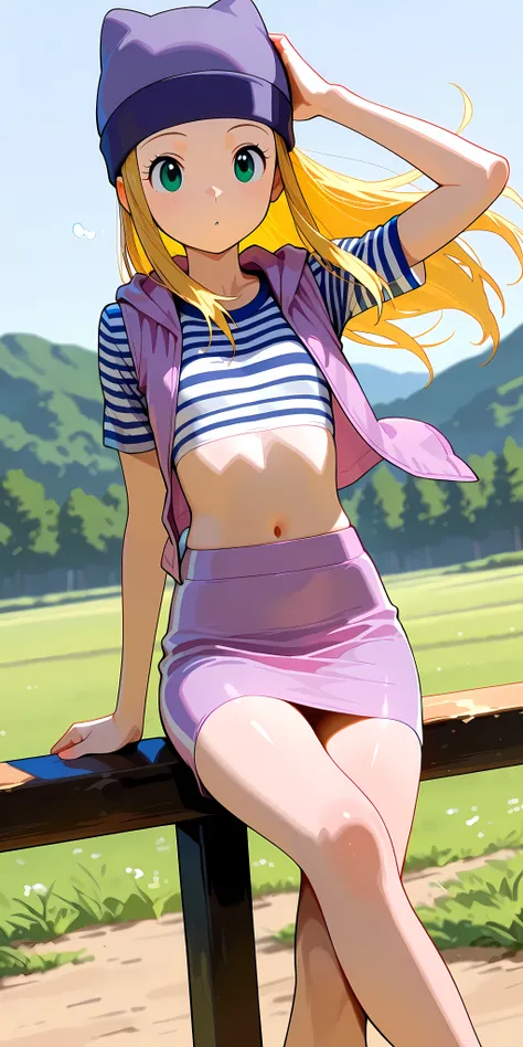 masterpiece, High quality, Ultra detailed, 2d, newest, absurdres, highres, BREAK 1girl, solo, upper body, izumi_orimoto, outdoors, wind blowing, long hair, blonde hair, hand on the head, green eyes, beanie, purple headwear, flat chest, izumidef, short slee...