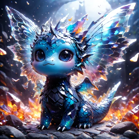 ral-smoldragons, cute, small dragon, wings, nature in background, intricate details, butterflies, whimsical, fantasy, mysterious, colorful, glowing shards, glass, brocken glass, transparent glass, pieces of glass, Made_of_pieces_broken_glass